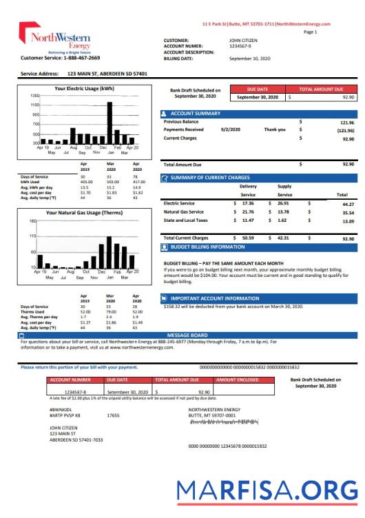 Blank USA NorthWestern Energy utility bill template in Word and PDF format, version 2